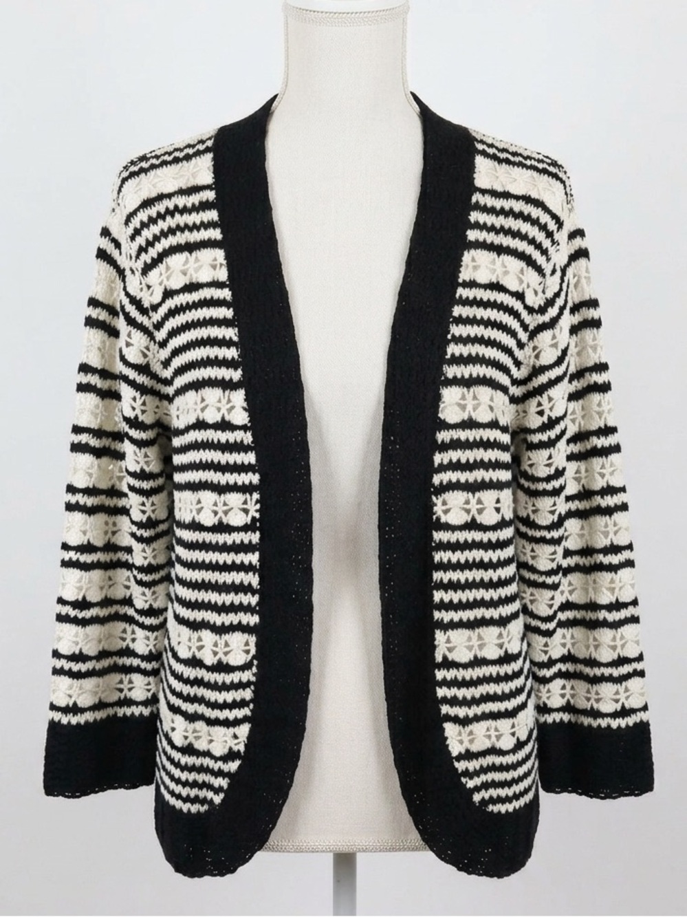 Talbots Hand Knit Cardigan Vintage 1X Black and Ivory Crochet Open Front Sweater